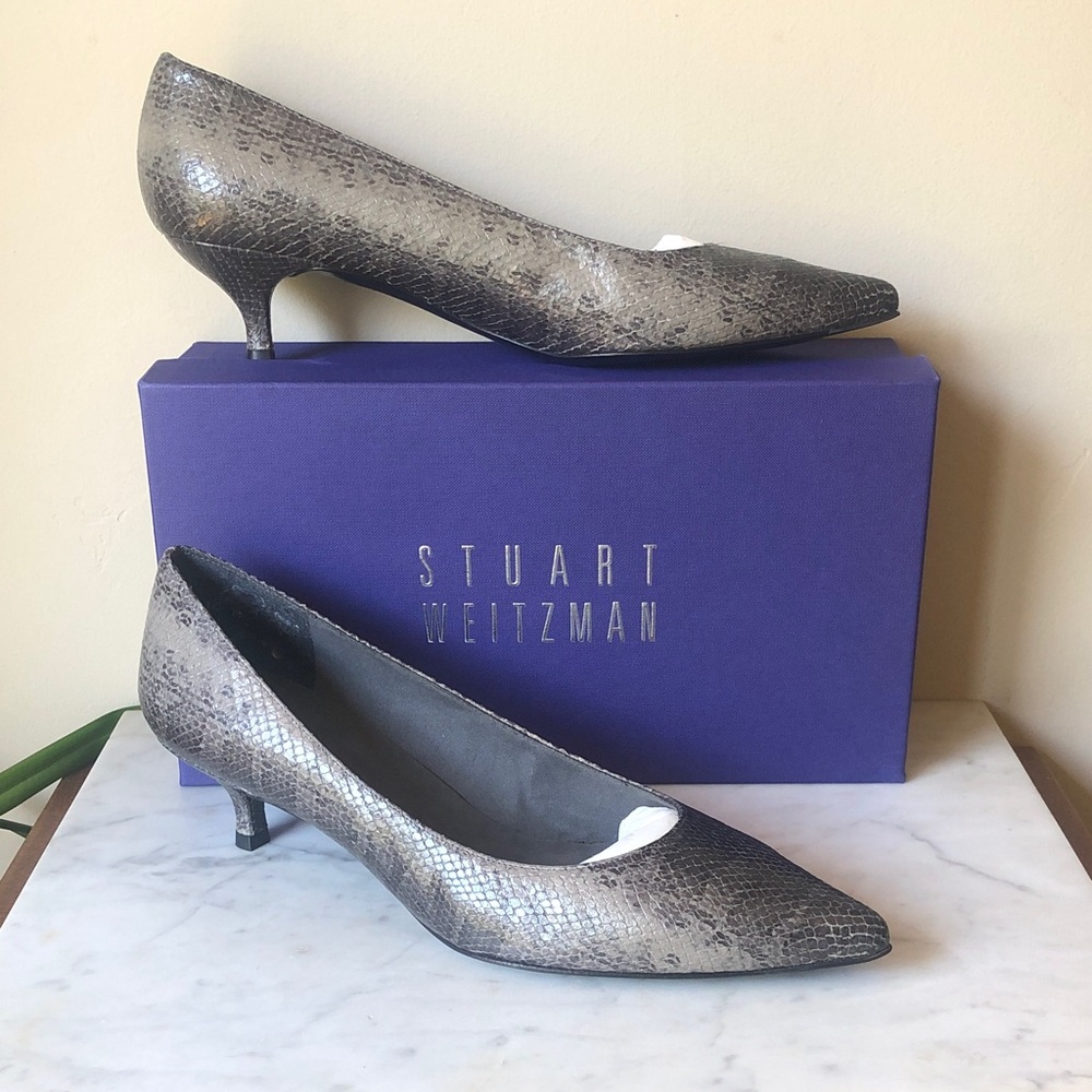 Stuart Weitzman Gray Ayer’s Napa Snakeskin Print Pointed Kitten Heel Pumps